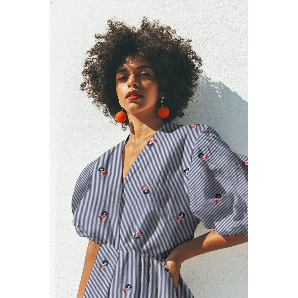 Ligné marine et fleurs - Coton brodé