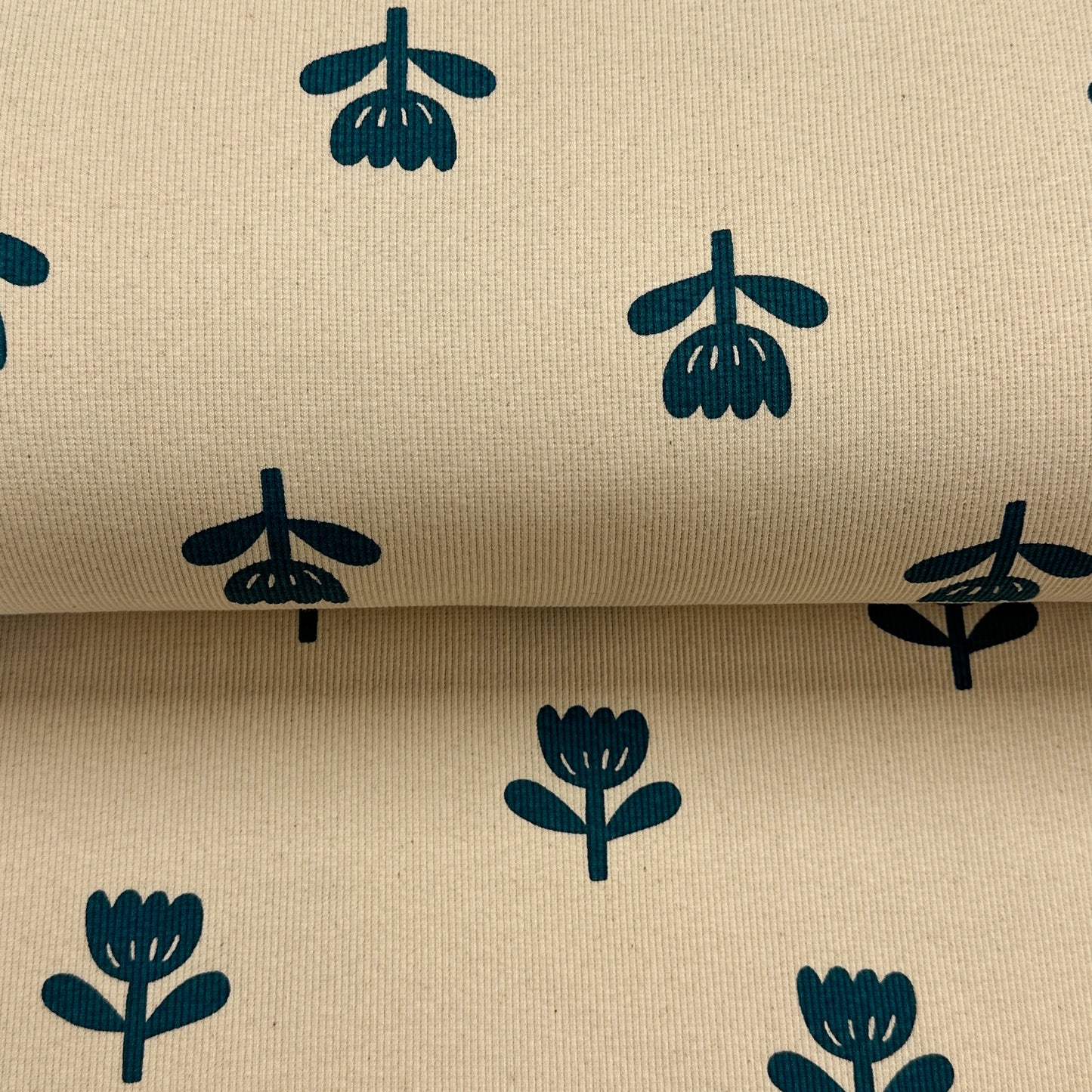 Petites fleurs pétrole - Jersey côtelé imprimé biologique