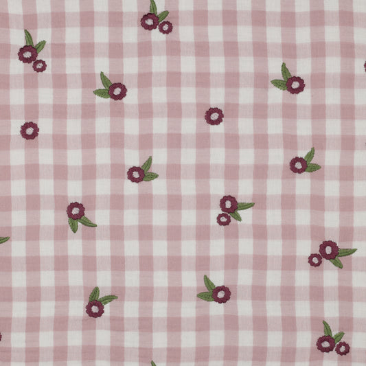 Carreaux floral rose lilas - Mousseline de coton brodée