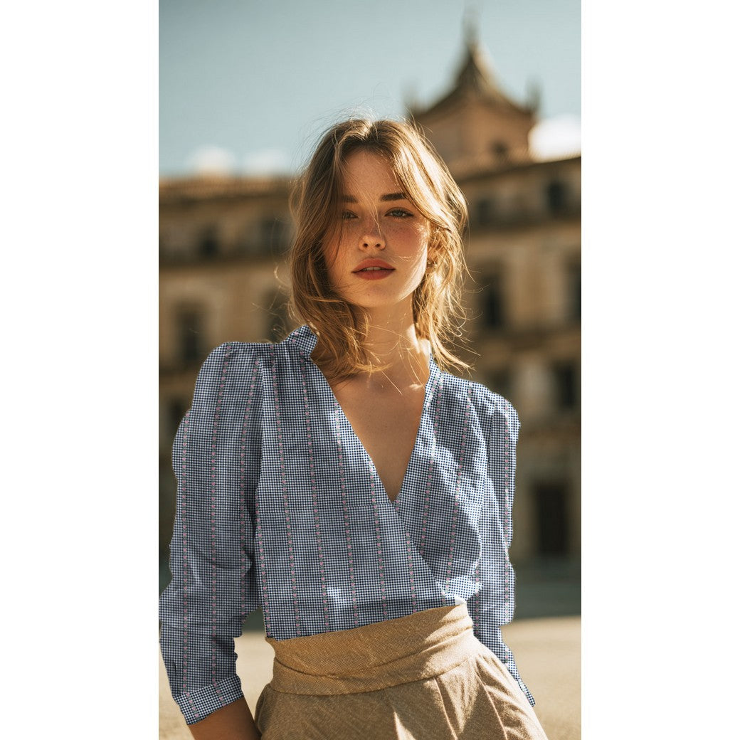 Carreaux marine et fleurs - Coton jacquard