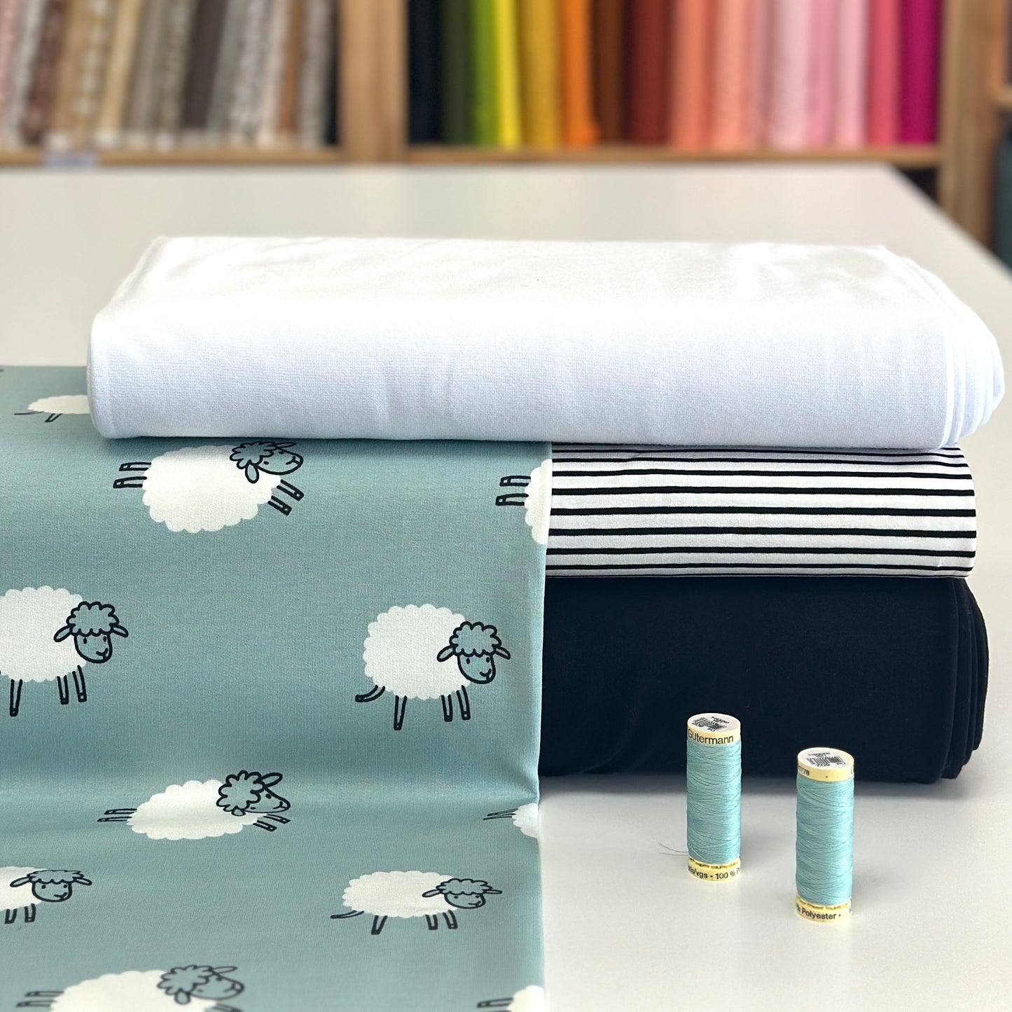 Blue-Green Sheep - Printed French Terry