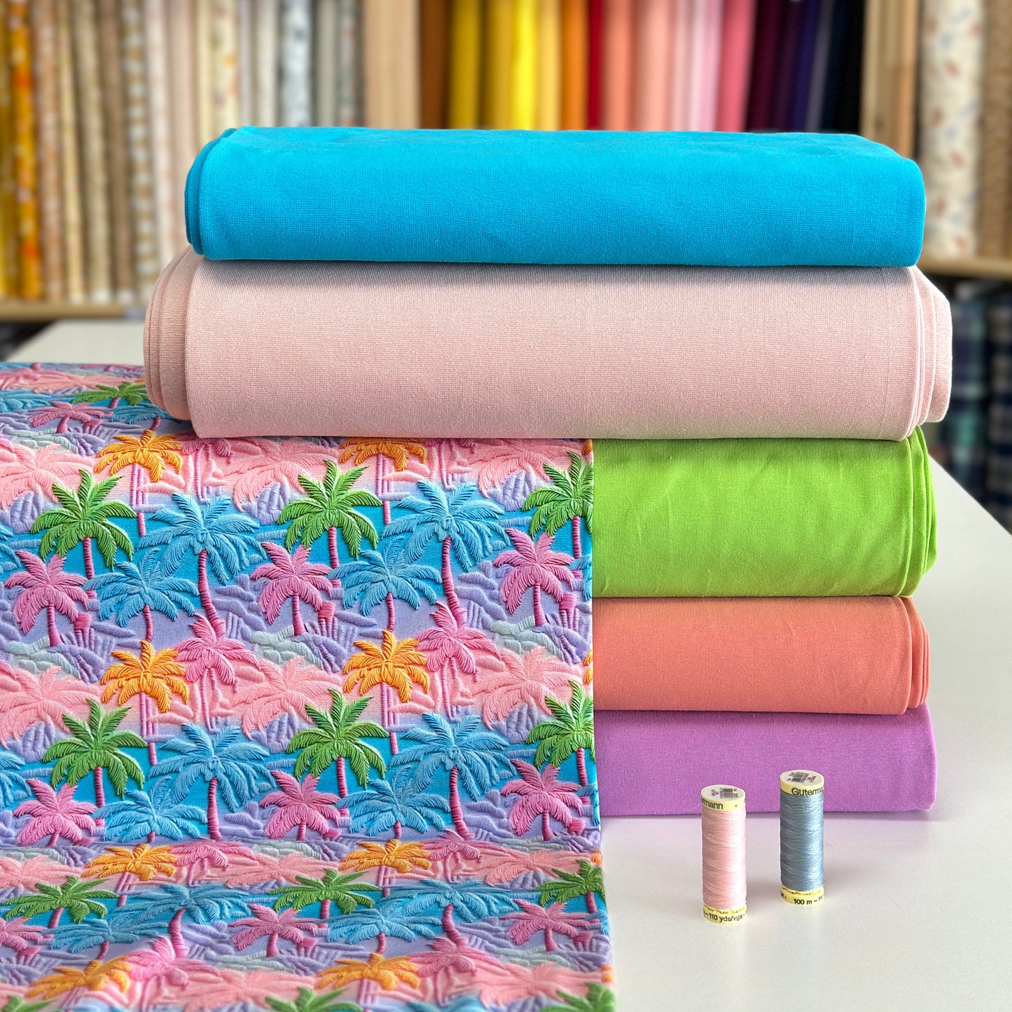 Fin de rouleau 38 cm - Palmiers brodés rose - NON NON OUI - Jersey imprimé