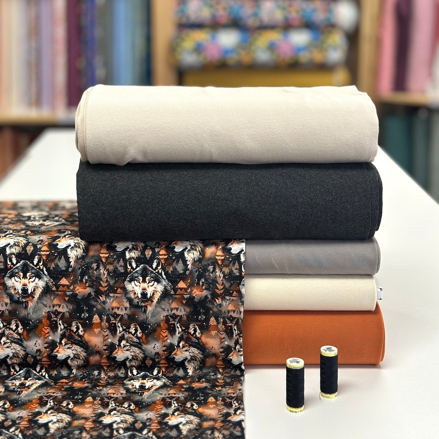 Loups orangé - French Terry brossé imprimé