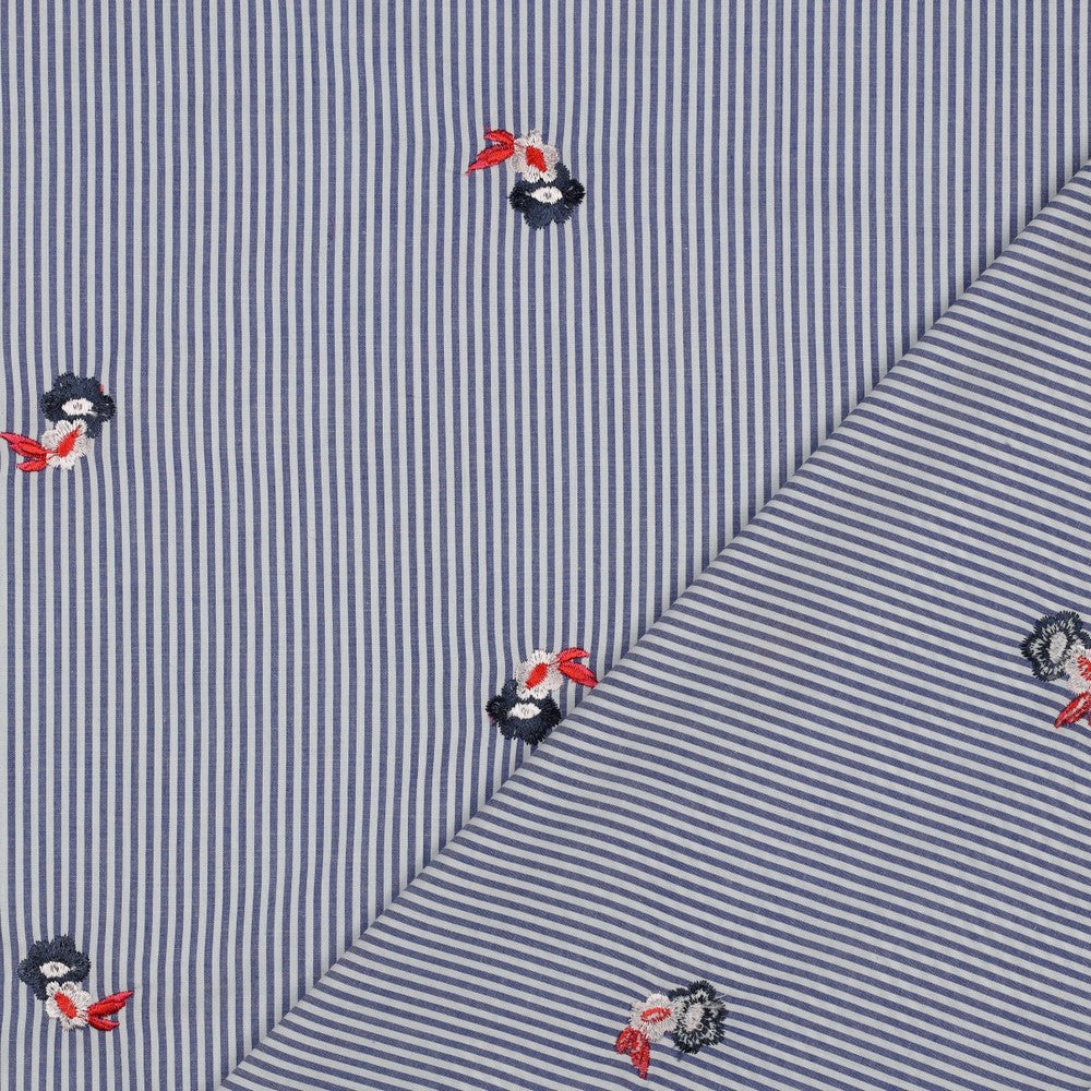 Ligné marine et fleurs - Coton brodé