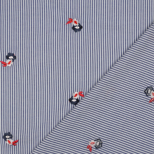 Ligné marine et fleurs - Coton brodé