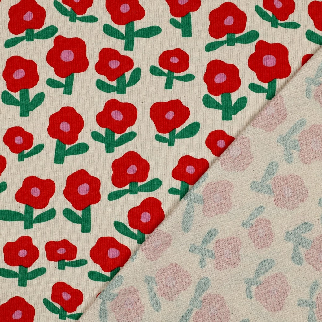 Minimalist Red Flowers - Jennifer Bouron - Organic Printed Ribbed Jersey