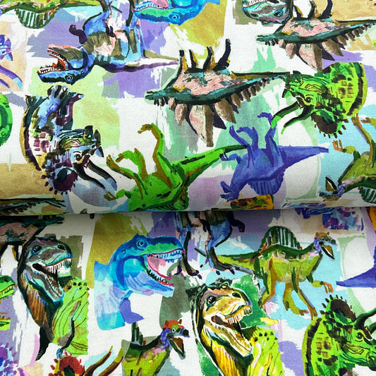 Dinosaures éclatants blanc - French Terry brossé imprimé digital