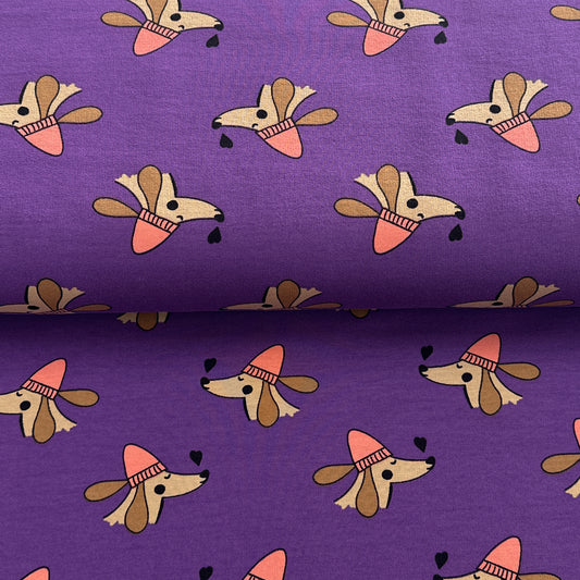 Chiens et coeurs mauve - French Terry imprimé