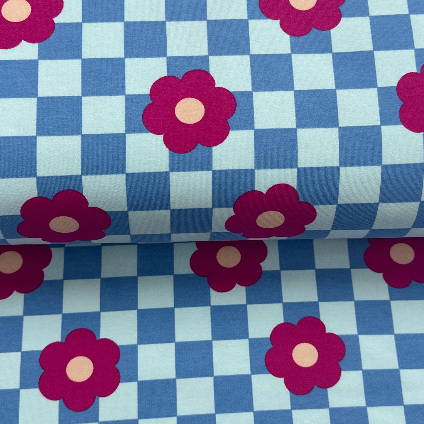 Carreaux bleu et fleurs - Coton ouaté extensible imprimé