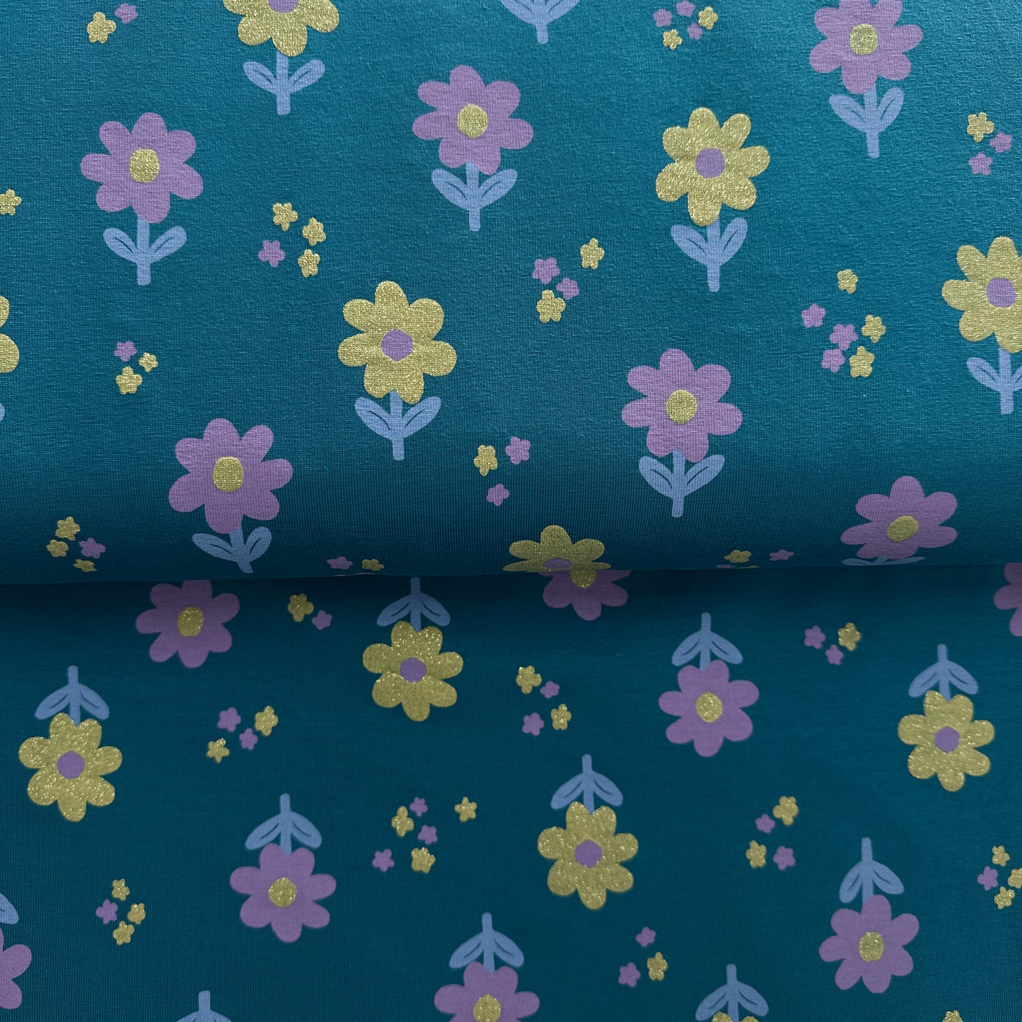 Fleurs brillantes pétrole- Jersey imprimé