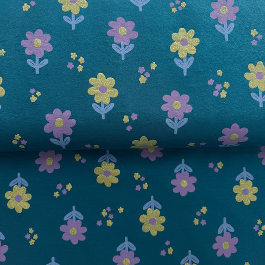 Fleurs brillantes pétrole- Jersey imprimé