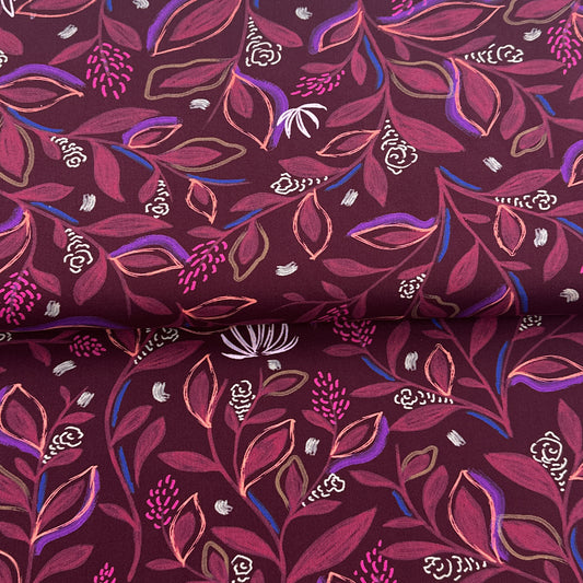 Feuilles bordeau - Fine popeline de coton