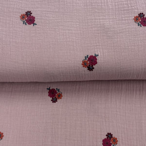 Fleurs rose - Mousseline de coton brodées