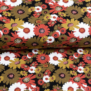 End of roll 83 cm - Large black flowers - Stretch organic printed quilted cotton