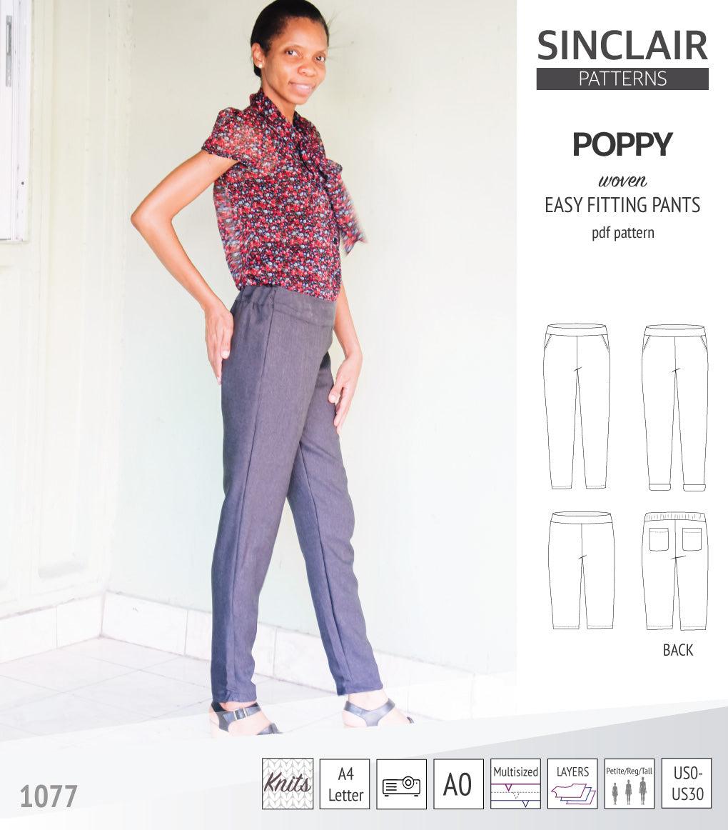 Poppy easy fitting pants for woven fabrics (PDF)