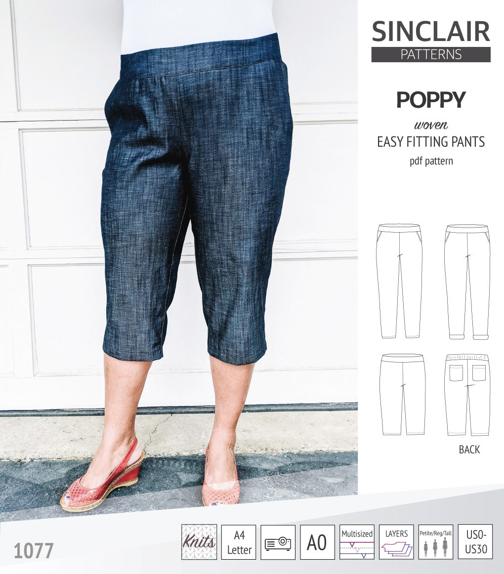 Poppy easy fitting pants for woven fabrics (PDF)