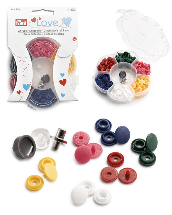 Prym Love set of plastic press studs (snaps) - 6 Colors (Red/Green/Pink/Yellow/White/Blue) x 72pc.