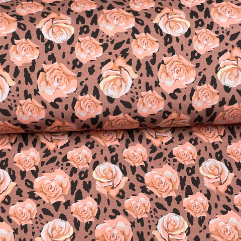 Brown leopards and flowers - Printed French Terry