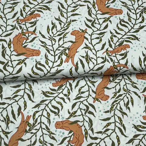 Pale Blue Otters - Birch Fabrics - Organic Printed Poplin